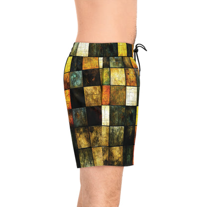 "Wood Block Pattern" #01, Men's Mid-Length Swim Shorts