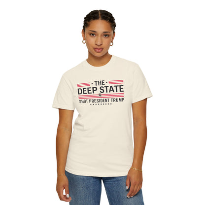 "The Deep State Shot President Trump" #02, Unisex White T-shirt