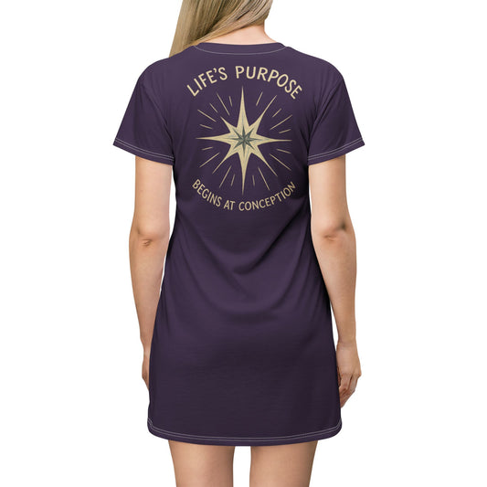 "Life's Purpose Begins at Conception #02", T-Shirt Dress (Imperial Plum)