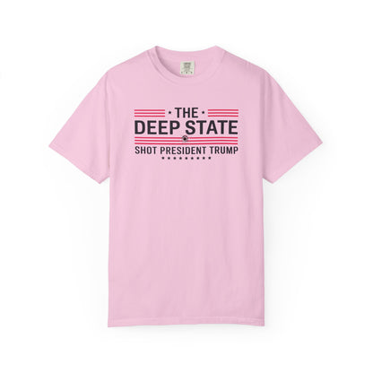 "The Deep State Shot President Trump" #02, Unisex White T-shirt