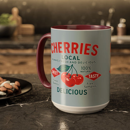 "Delicious Cherries", Colorful Mugs (11oz, 15oz) (Washed Silver-Blue)