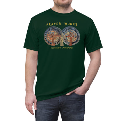 "Prayer Works – Gaelic Christian", Wearable Fine Art Unisex T-shirt (Deep Grove Green)