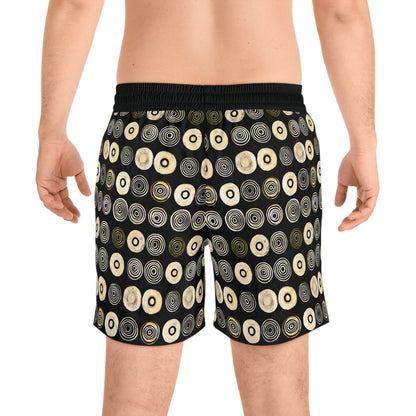 "Punk Polka", Men's Mid-Length Swim Shorts (Plain Black Cuffs)