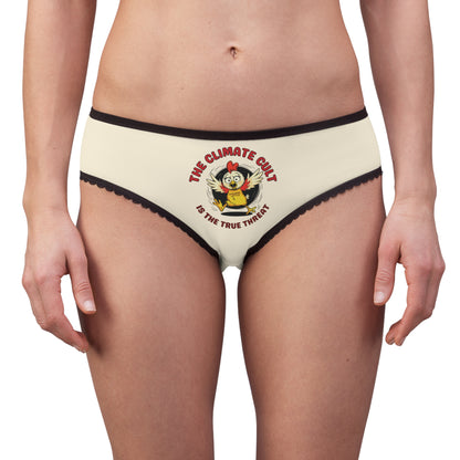 "The Climate Cult" (Chicken Little), Women's Briefs (Iced Almond)