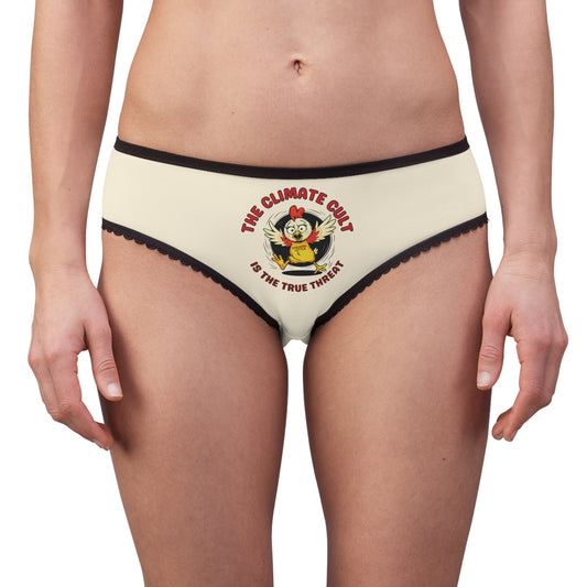"The Climate Cult" (Chicken Little), Women's Briefs (Iced Almond)