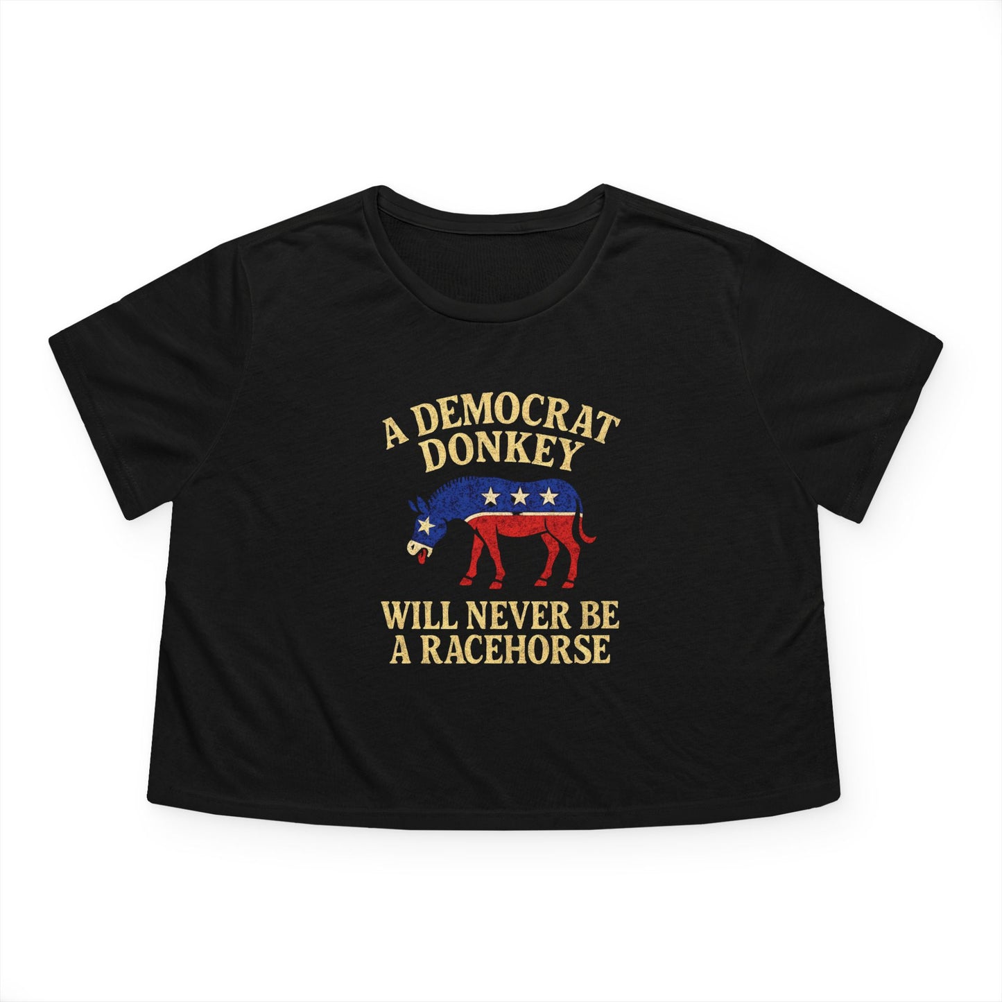 "A Democrat Donkey", Women's Flowy Cropped Tee (Print Black)