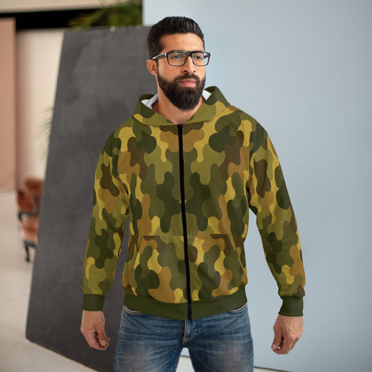 "SASR inspired Day-Ops Camouflage" Style 01, Unisex Wearable Art Zip Hoodie (SASR Green Coffs & Waist)