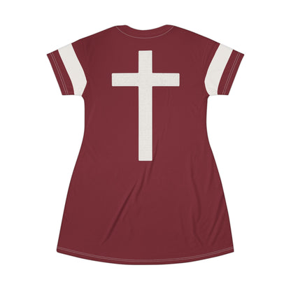 "Faith Overcomes Fear", T-Shirt Dress (Dark Cherry Red)