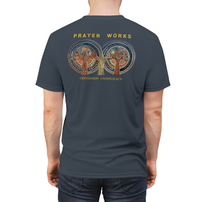 "Prayer Works – Gaelic Christian", Wearable Fine Art Unisex T-shirt (Hearthstone Grey)