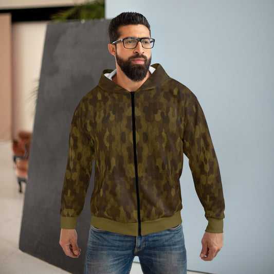 "Swamp Recon Camouflage", Unisex Wearable Art Zip Hoodie (Bogbrush Olive Cuffs and Waist)