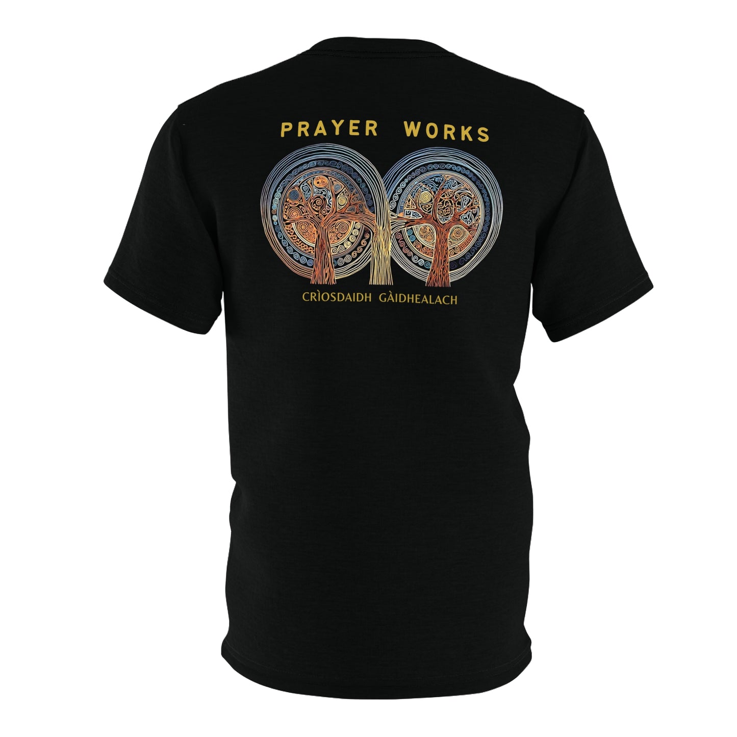 "Prayer Works – Gaelic Christian", Wearable Fine Art Unisex T-shirt (Peatshadow Black)