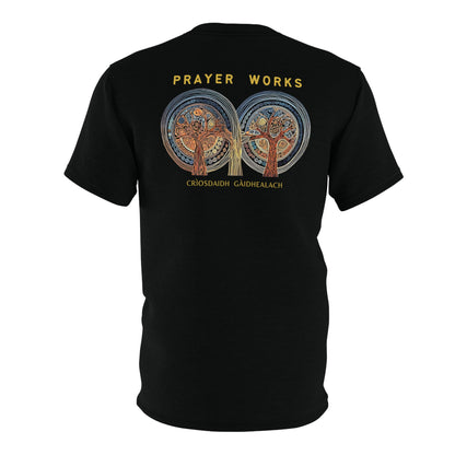 "Prayer Works – Gaelic Christian", Wearable Fine Art Unisex T-shirt (Peatshadow Black)
