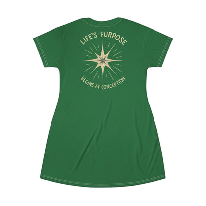 "Life's Purpose Begins at Conception #02", T-Shirt Dress (Dartmouth Green)