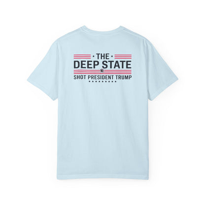 "The Deep State Shot President Trump" #02, Unisex White T-shirt