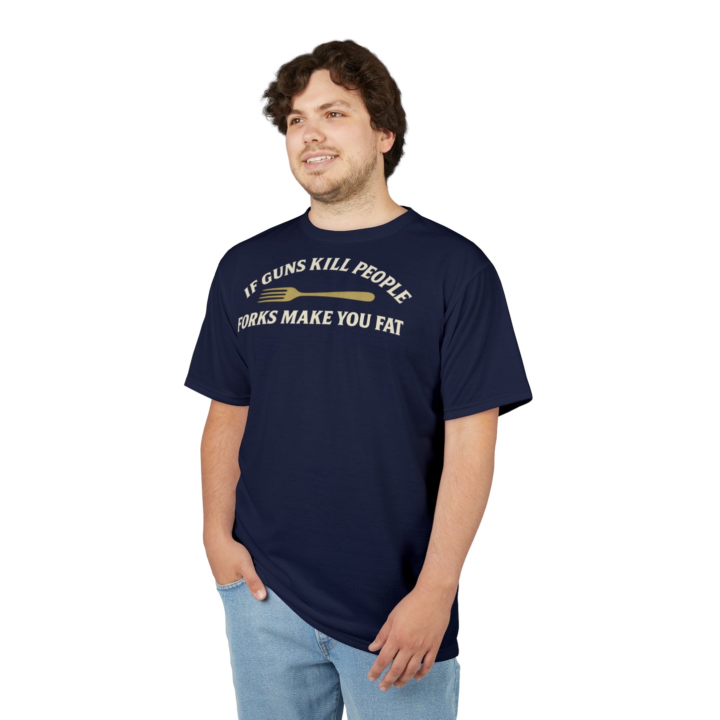 ''Forks Make You Fat", Unisex T-shirt (Squid Ink Blue)