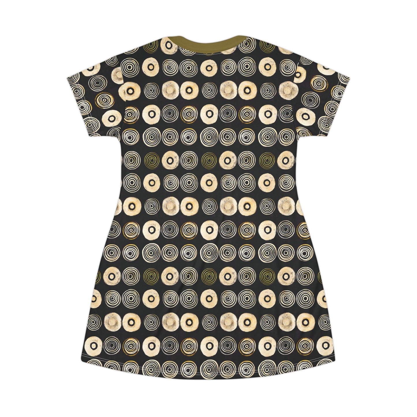"Punk Polka", Wearable Pattern Art T-Shirt Dress (Soft Fig Green Collar)