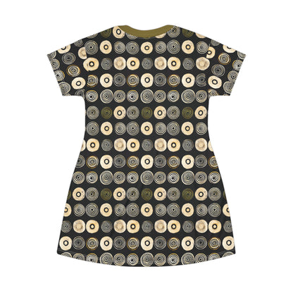 "Punk Polka", Wearable Pattern Art T-Shirt Dress (Soft Fig Green Collar)