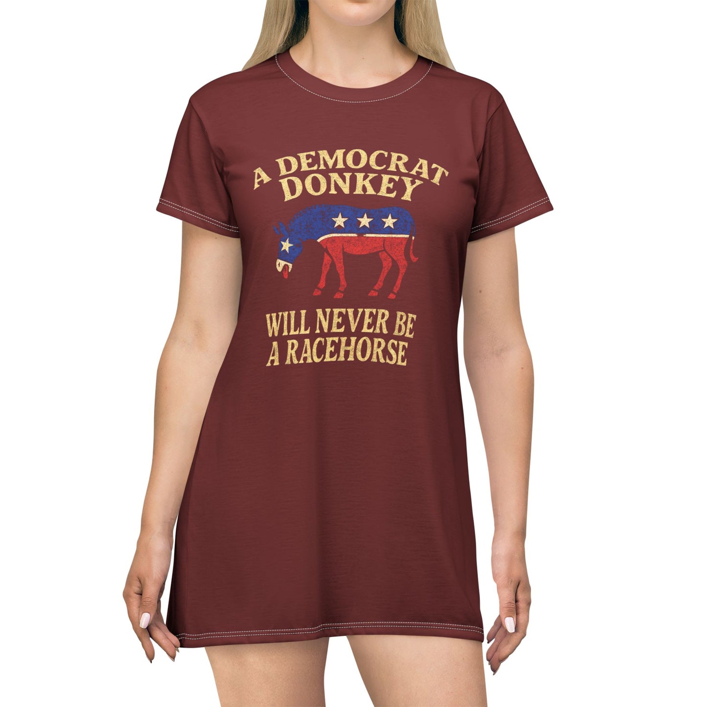 "A Democrat Donkey", T-Shirt Dress (Dark Blood Red)