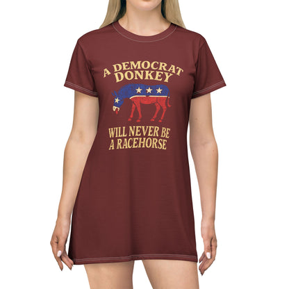"A Democrat Donkey", T-Shirt Dress (Dark Blood Red)