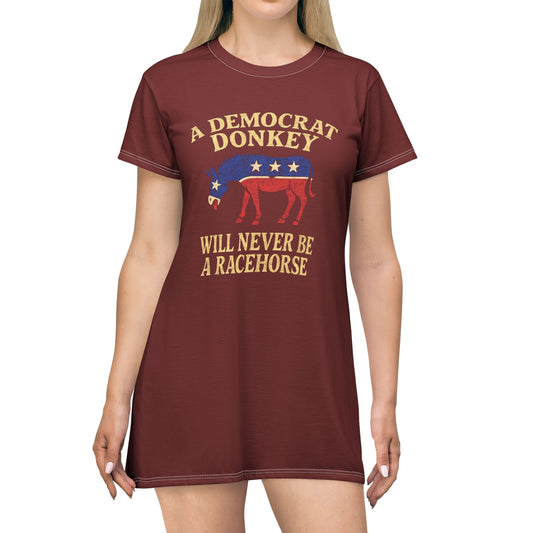 "A Democrat Donkey", T-Shirt Dress (Dark Blood Red)