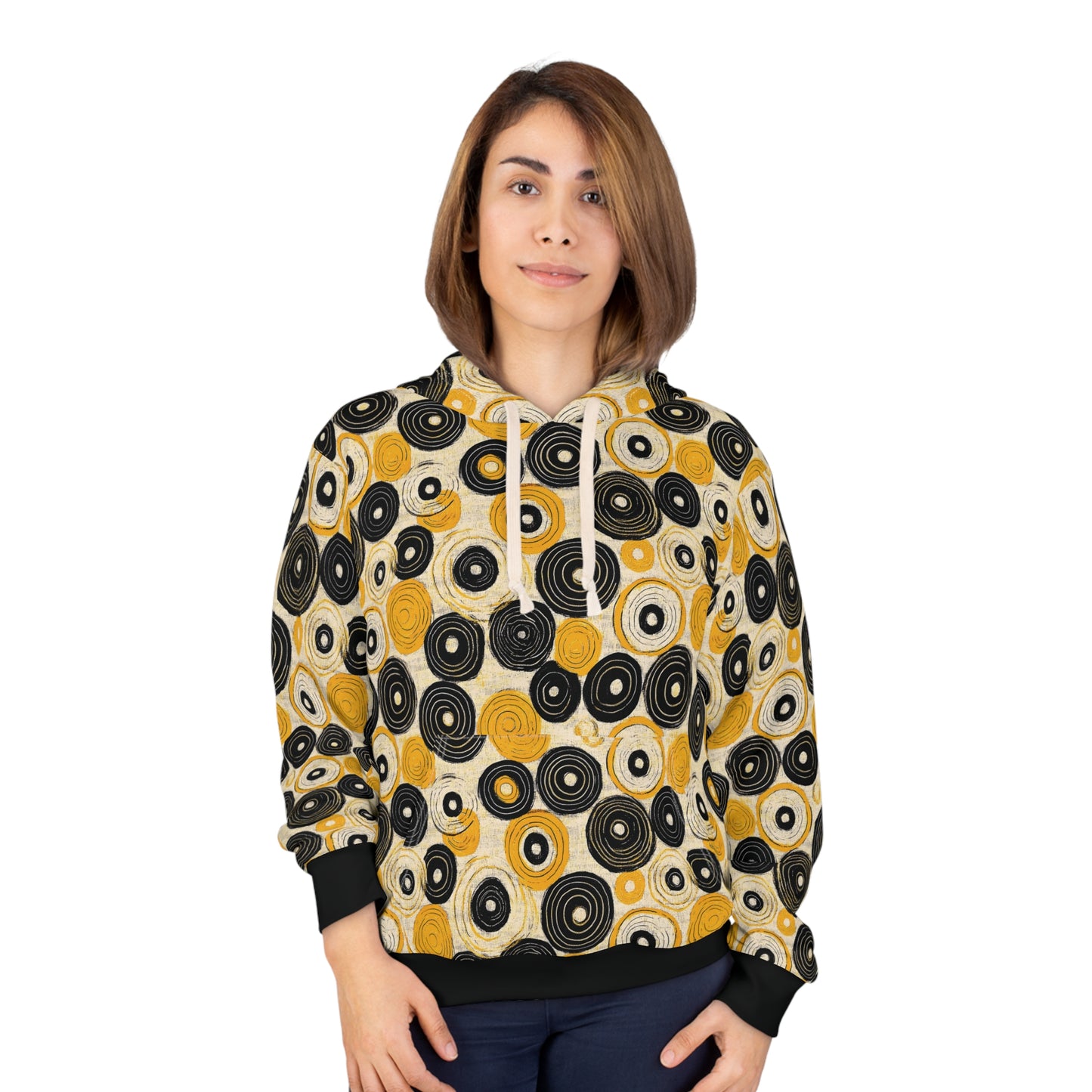 "Old 45's", Unisex Wearable Art Pullover Hoodie (70's Black Cuffs)