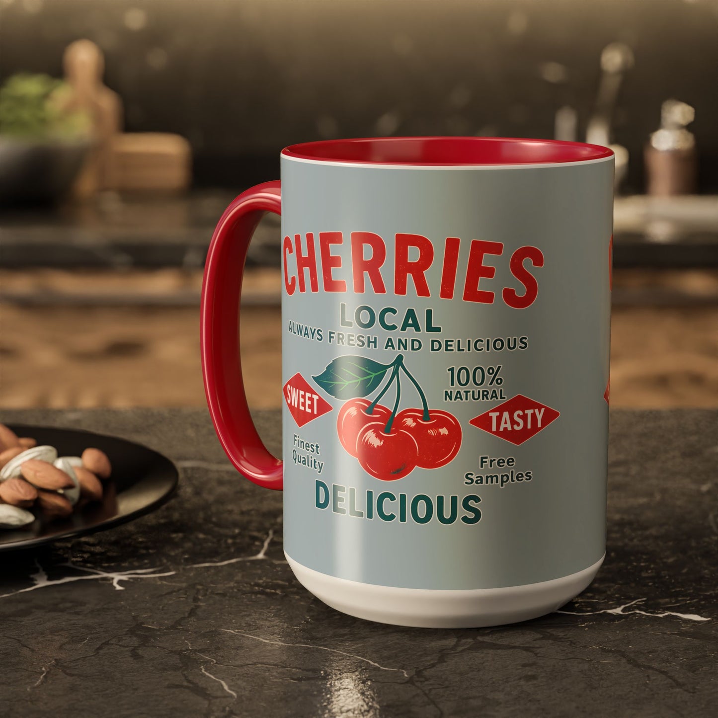 "Delicious Cherries", Colorful Mugs (11oz, 15oz) (Washed Silver-Blue)