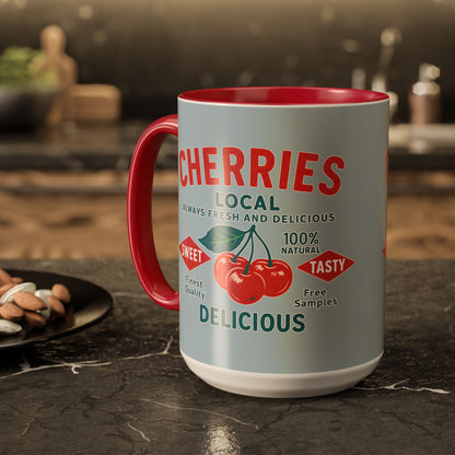 "Delicious Cherries", Colorful Mugs (11oz, 15oz) (Washed Silver-Blue)