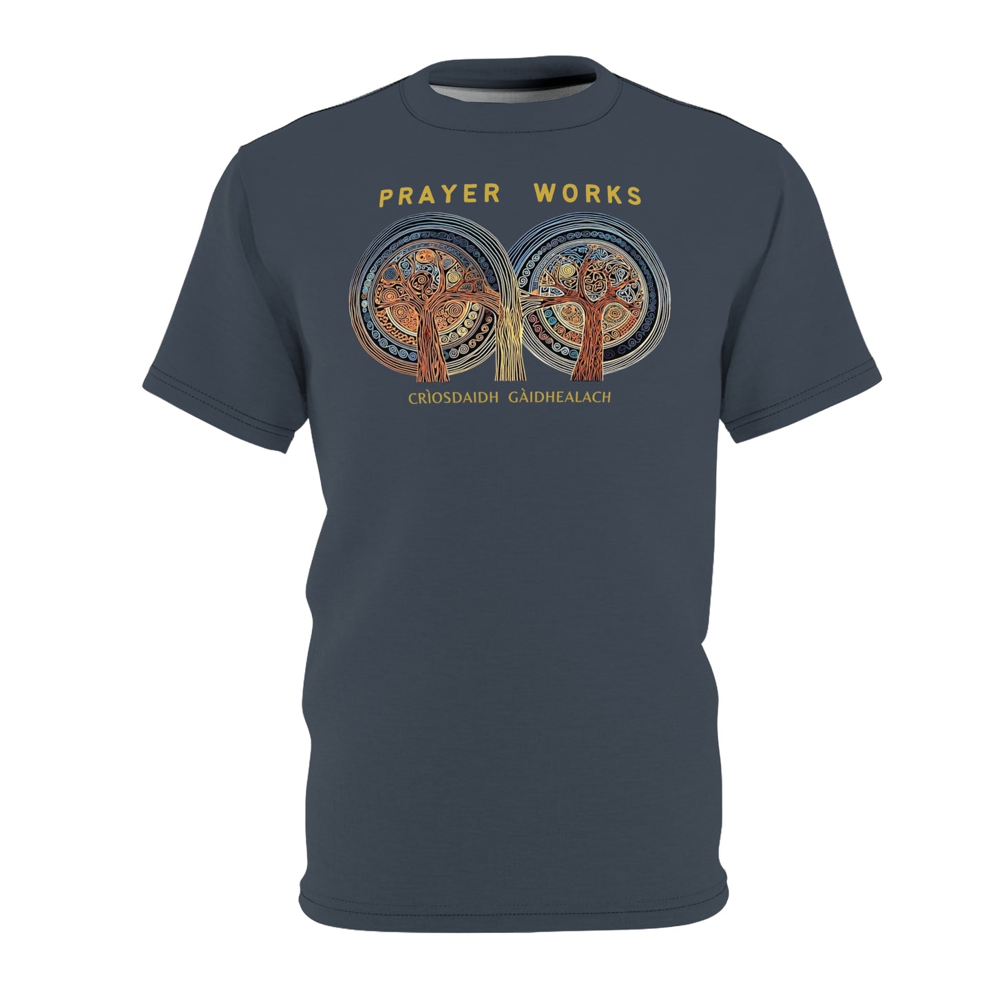 "Prayer Works – Gaelic Christian", Wearable Fine Art Unisex T-shirt (Hearthstone Grey)