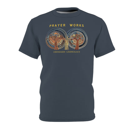 "Prayer Works – Gaelic Christian", Wearable Fine Art Unisex T-shirt (Hearthstone Grey)