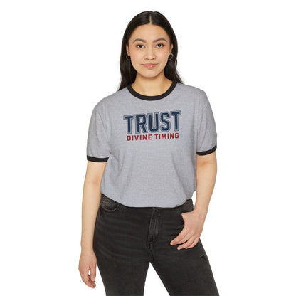 "Trust Divine Timing" #02, Unisex Cotton Ringer T-Shirt