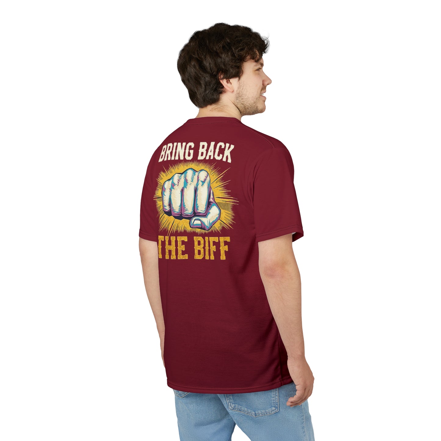 "Bring Back The Biff", Unisex T-shirt (Dark Cherry Red)