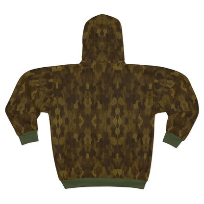 "Swamp Recon Camouflage", Unisex Wearable Art Zip Hoodie (Fen Moss Green Cuffs and Waist)