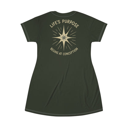 "Life's Purpose Begins at Conception #02", T-Shirt Dress (Black Mesa Green)