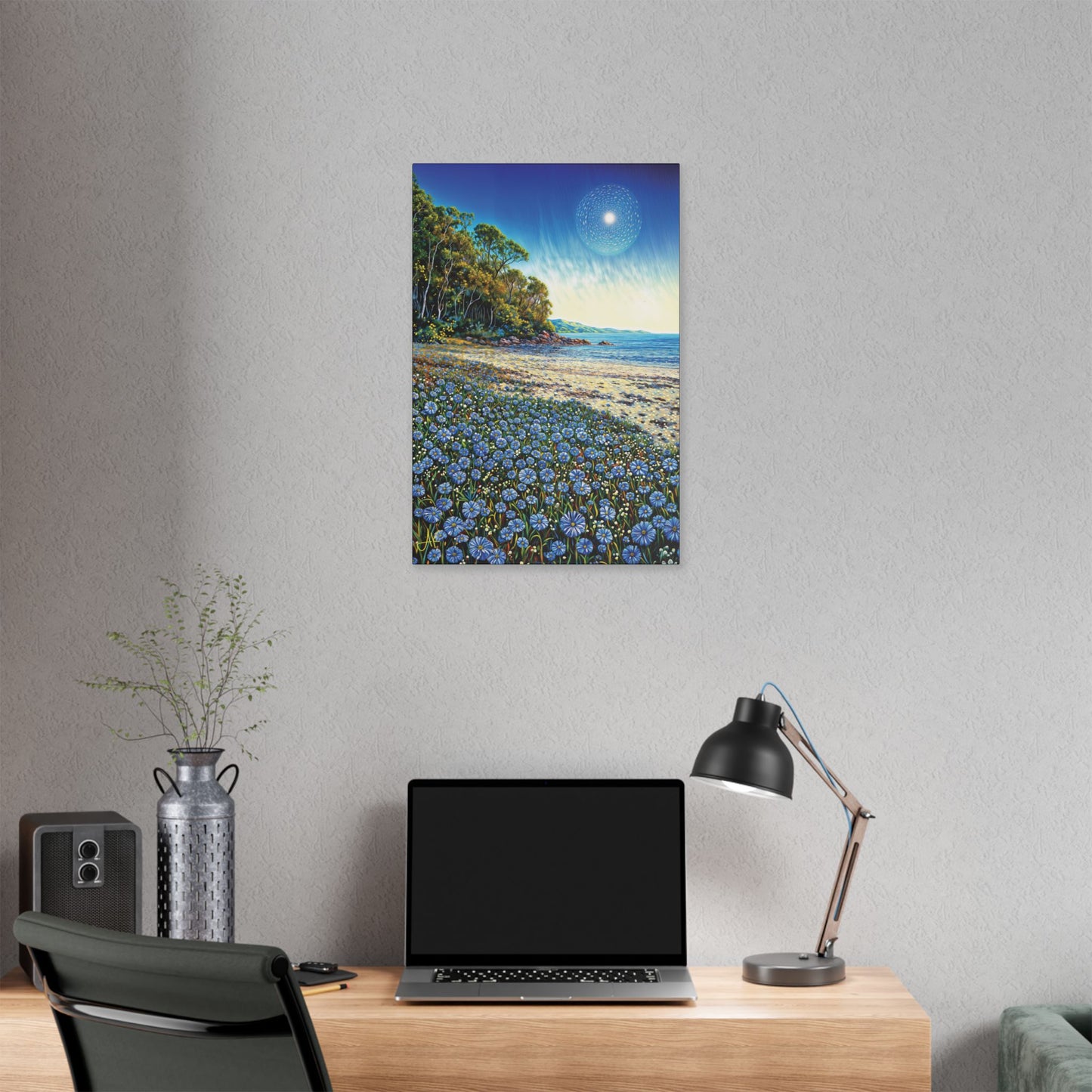 "Azure Petals on Silver Shore", Stretched Classic Canvas Fine Art Print