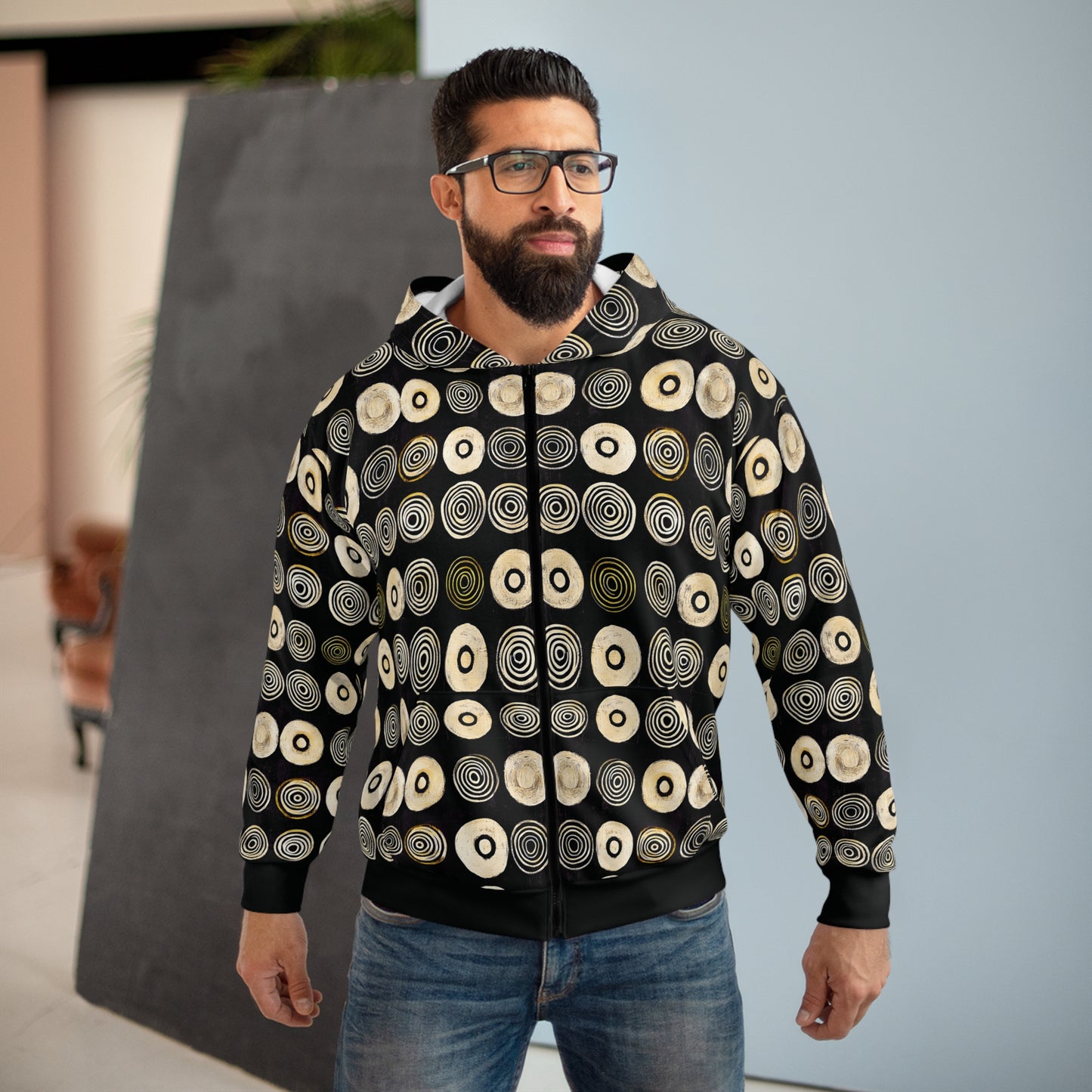 "Punk Polka", Wearable Pattern Art Unisex Zip Hoodie (Plain Black Cuffs)