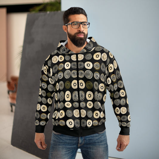 "Punk Polka", Wearable Pattern Art Unisex Zip Hoodie (Plain Black Cuffs)