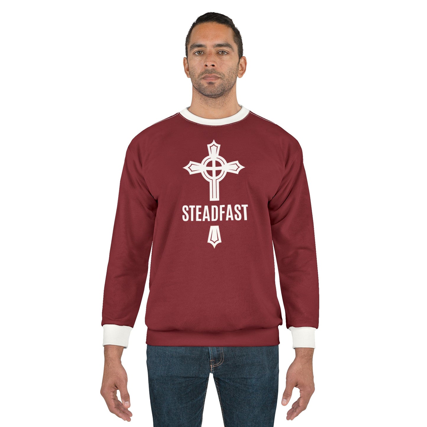 "Steadfast Cross", Unisex Sweatshirt (Dark Cherry Red)