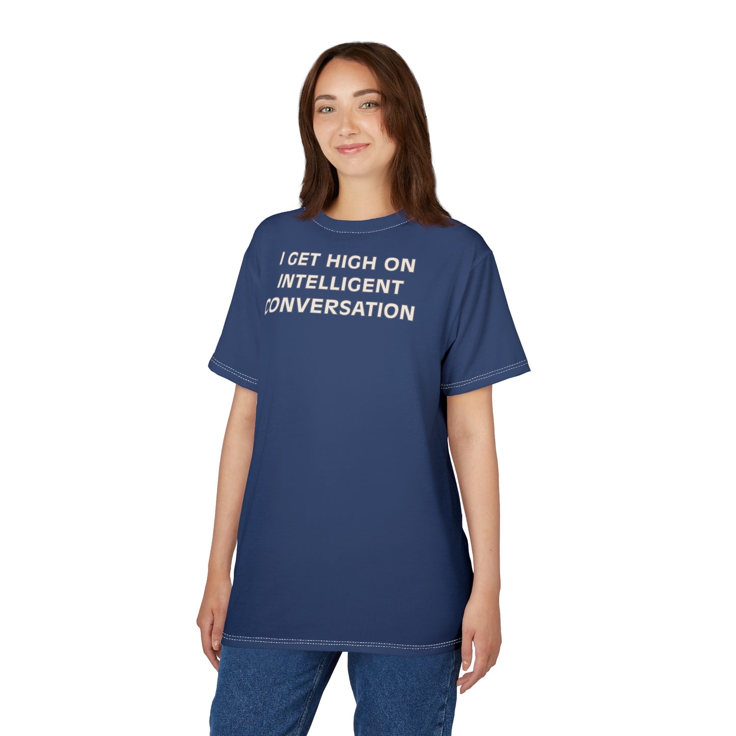 "Intelligent Conversation", Unisex T-shirt (Sailboat Blue)