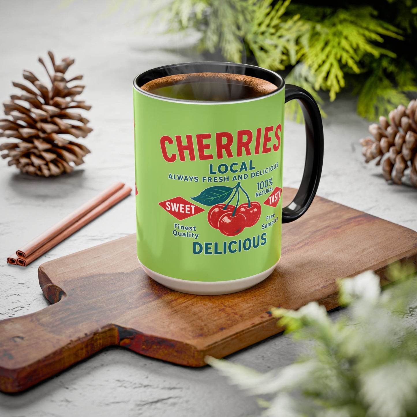 "Delicious Cherries", Colorful Mugs (11oz, 15oz) (Orchard Lime)