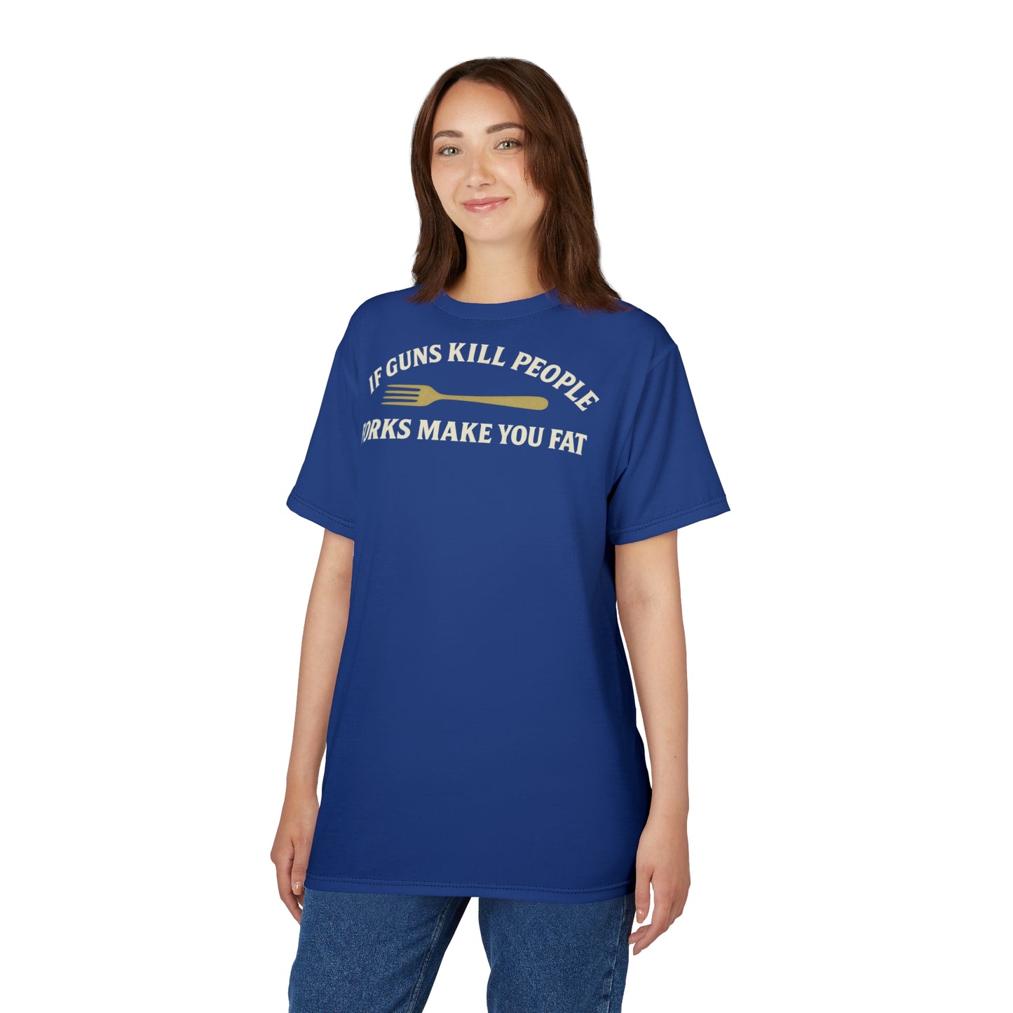 ''Forks Make You Fat", Unisex T-shirt (Indigo Hamlet)