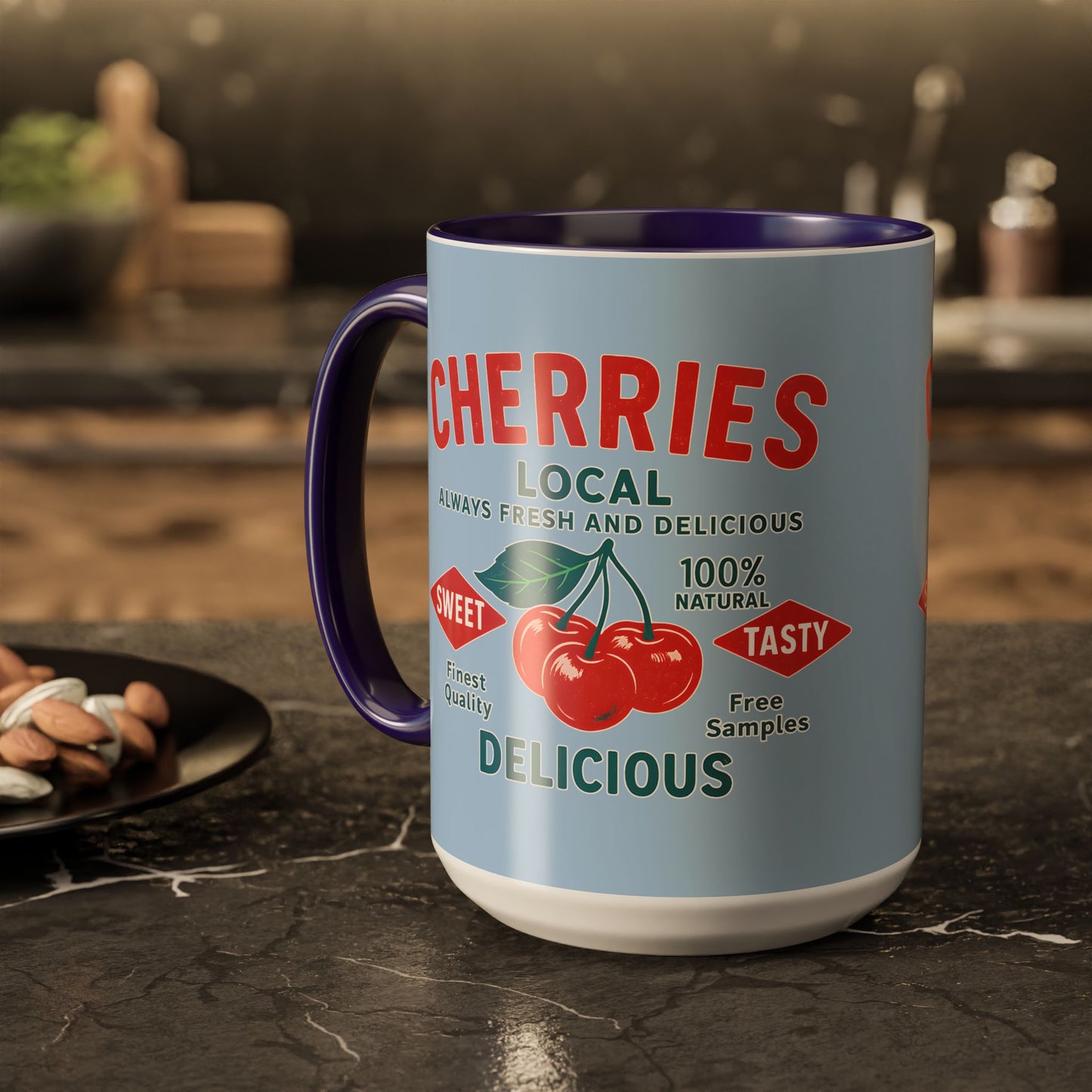 "Delicious Cherries", Colorful Mugs (11oz, 15oz) (Retro Sky)