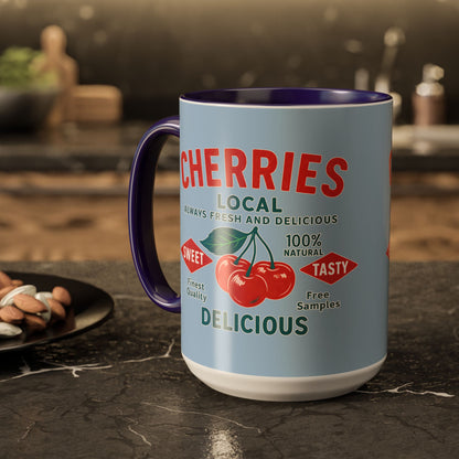 "Delicious Cherries", Colorful Mugs (11oz, 15oz) (Retro Sky)