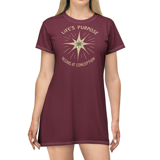 "Life's Purpose Begins at Conception #02", T-Shirt Dress (Broncos Maroon)