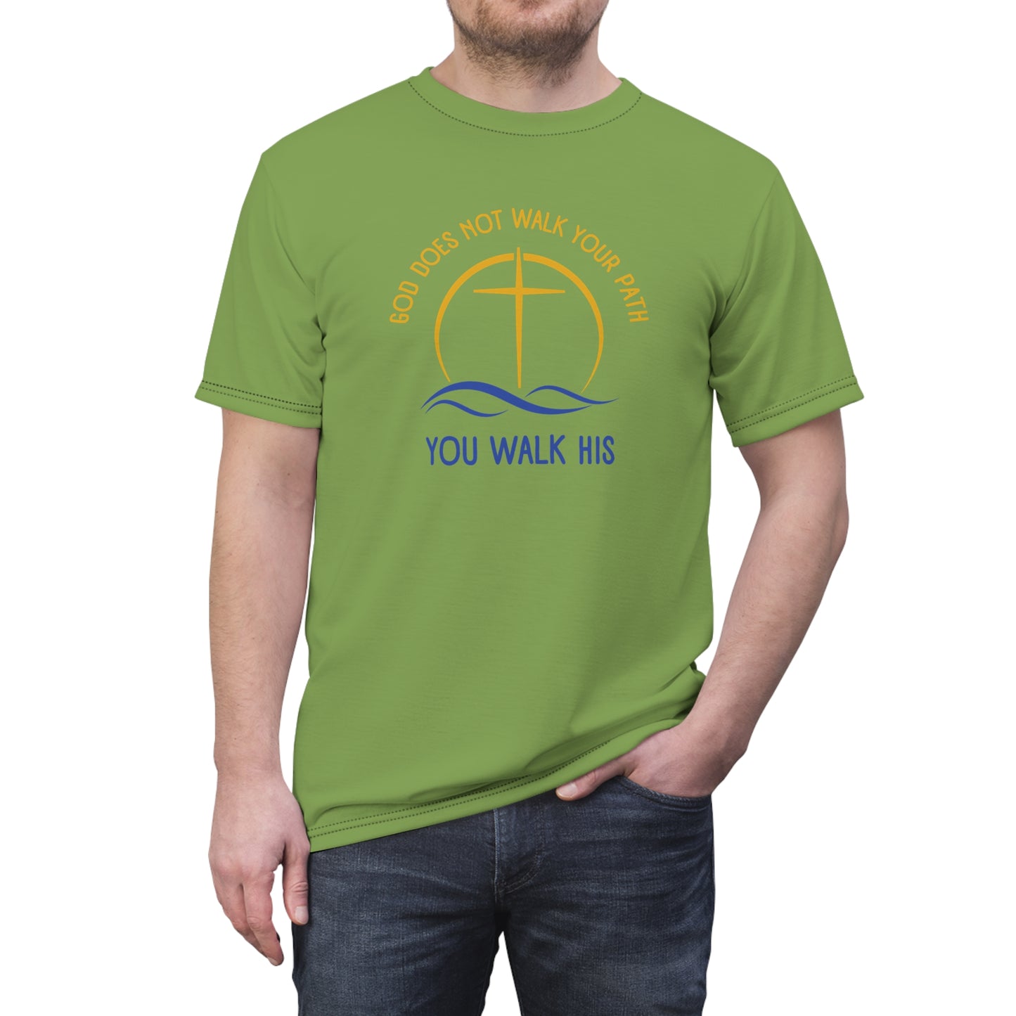 "God Does Not Walk Your Path", Unisex T-shirt (70's Light Green)