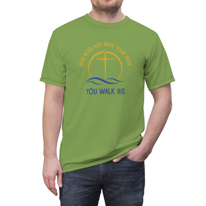 "God Does Not Walk Your Path", Unisex T-shirt (70's Light Green)