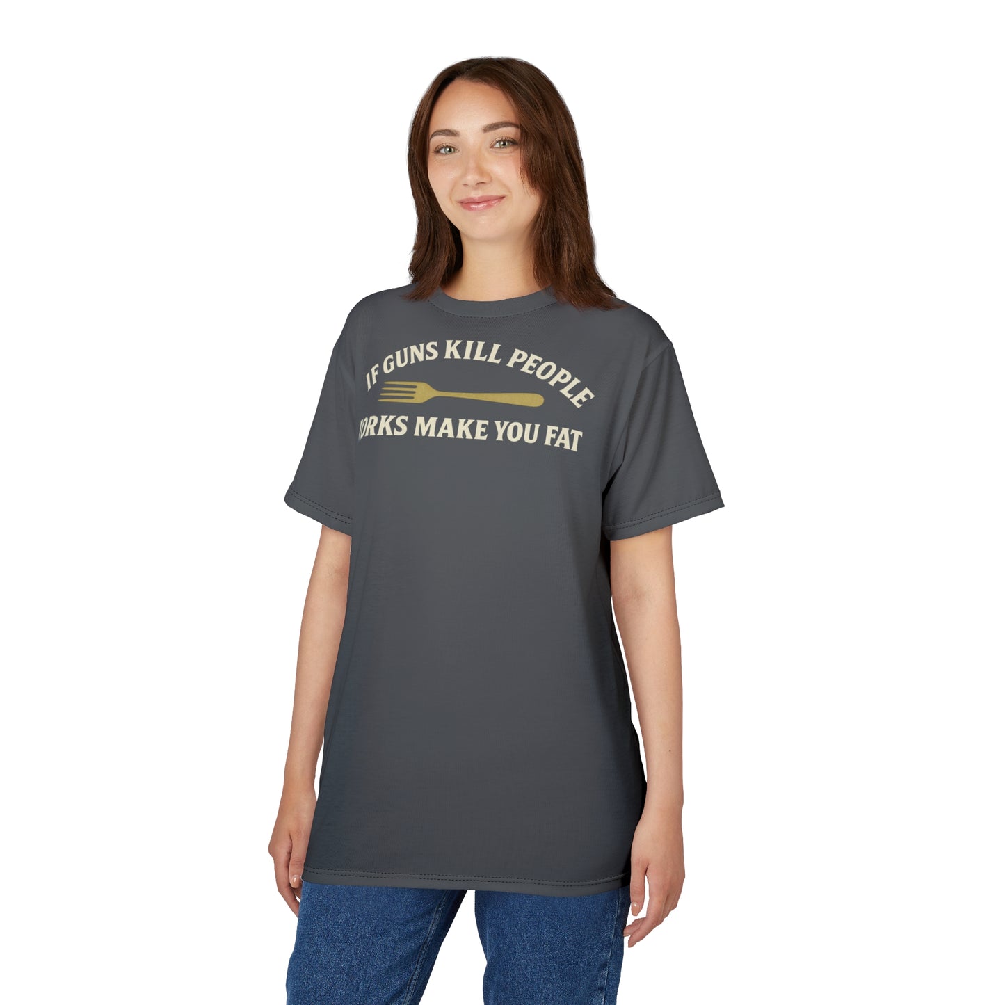 ''Forks Make You Fat", Unisex T-shirt (Highland Grey)