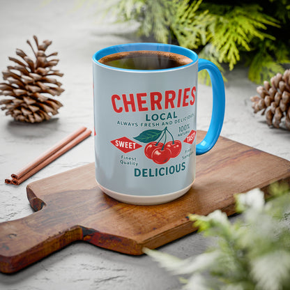 "Delicious Cherries", Colorful Mugs (11oz, 15oz) (Washed Silver-Blue)