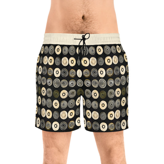 "Punk Polka", Men's Mid-Length Swim Shorts (Iced Almond Waistband)