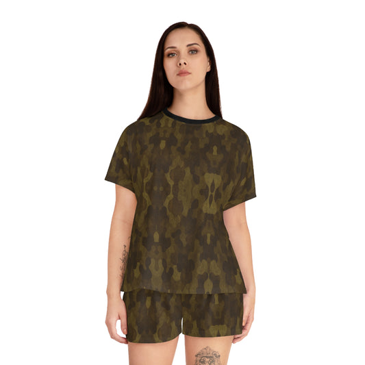 "Swamp Recon Camouflage", Women's Short Pajama Set (Black Collar & Waist)