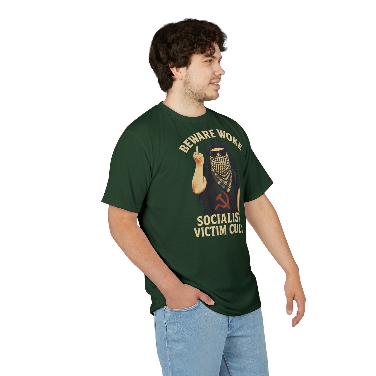 "Beware Woke - Voltaire", Wearable Art Unisex T-shirt (Mireleaf Green)
